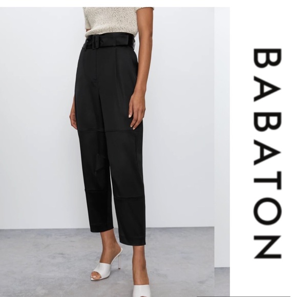 Babaton Pants - Babaton pants Belted Pleat Pant Aritzia Pants Black Satin Size Small 4 trousers